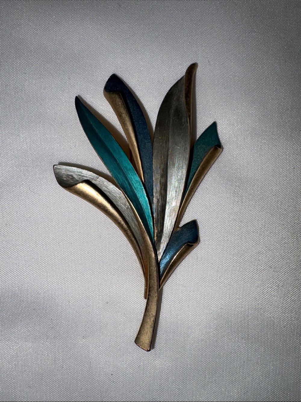 Vintage Kramer Blue Enamel Leaf Spray Brooch Mid Century Modern Blue/Grey/Teal
